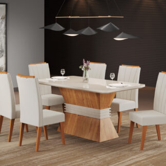 Sala Eve 180x90 com 6 Cadeiras Safira Mel Blonde.Off White Veludo Marfim Vieiro